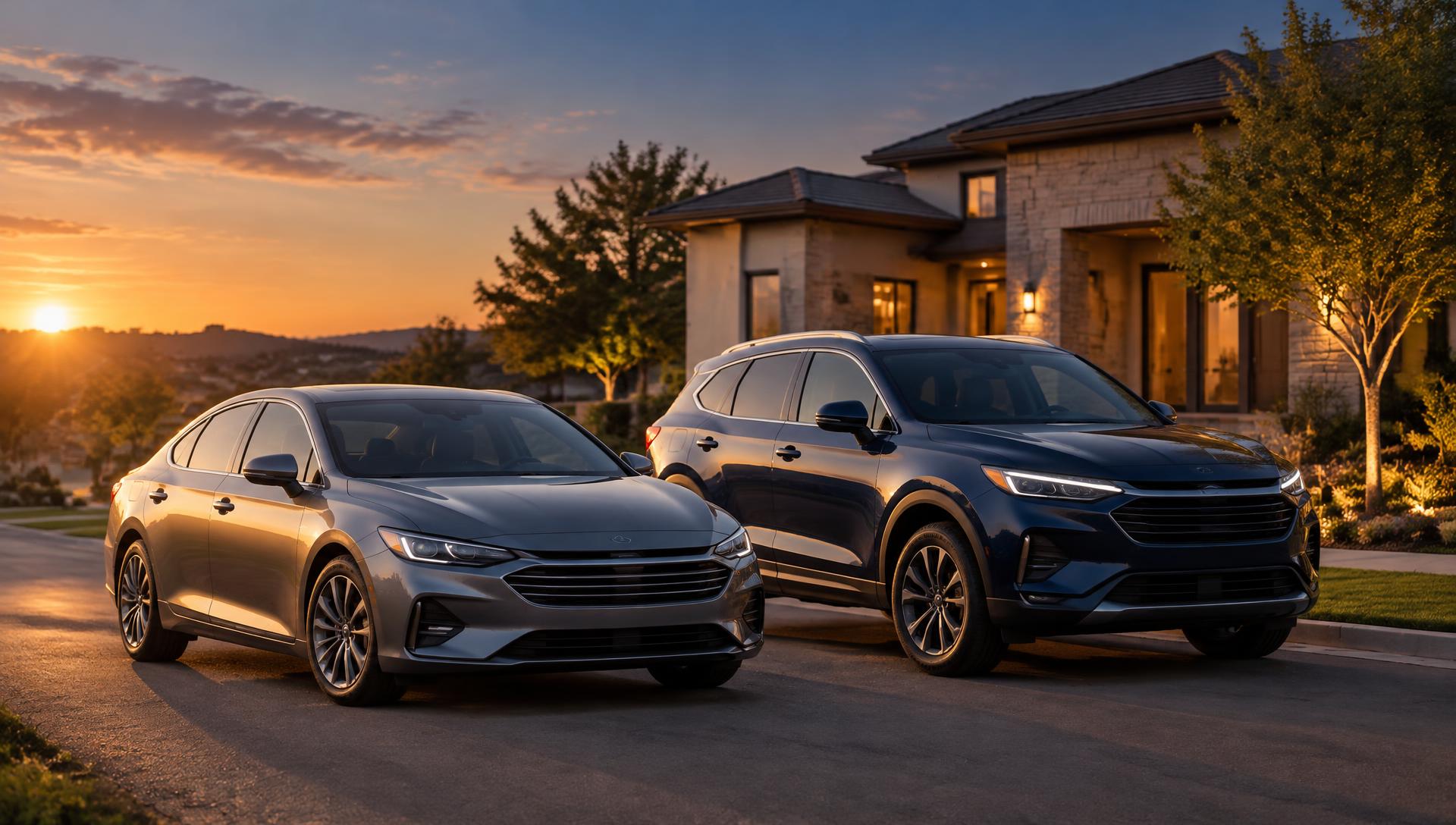 Two cars parked in front of a Texas home at sunset